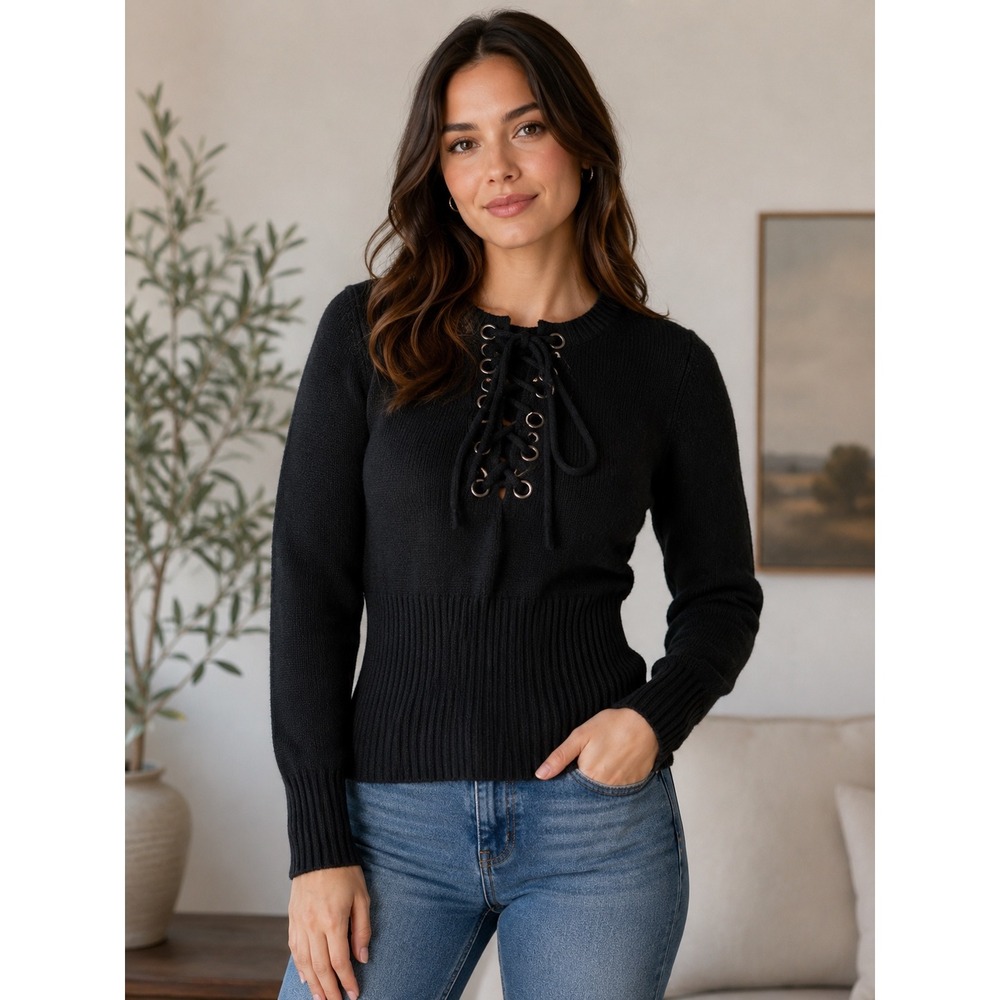 Line + Dot Black Lace Up Front Ribbed Waist Sweater Top XS NWT LT1758A